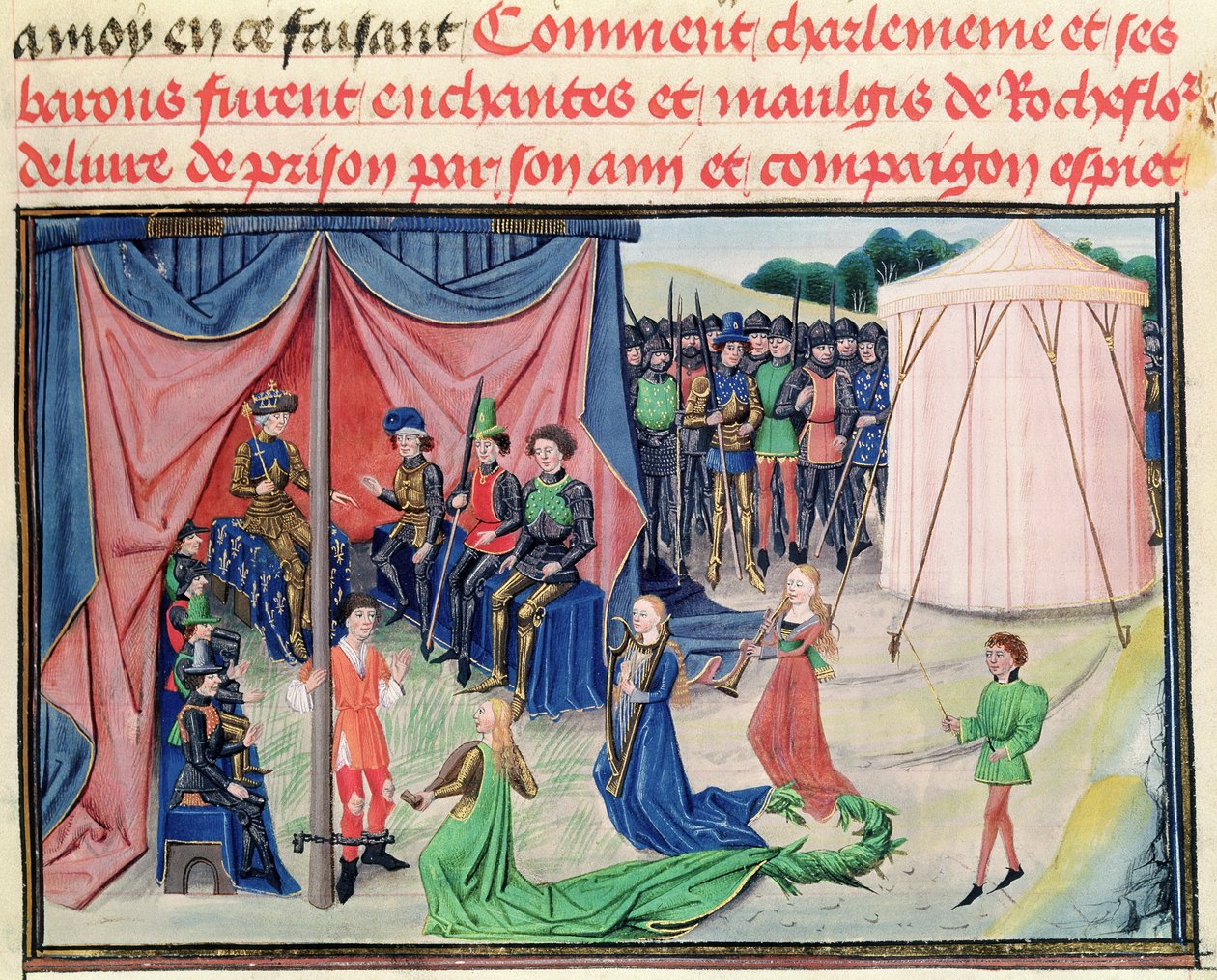 Ms 5072 f.233v Charlemagne ja hänen paroninsa lumoutumassa, Renaud de Montauban -syklistä tekijältä Loyset Liedet