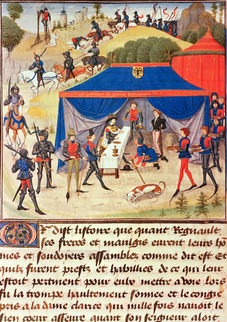 Ms 5073 fol. 253v Renaud de Montauban ja Charlemagne (742-814), Renaud de Montauban -syklistä tekijältä Loyset Liedet