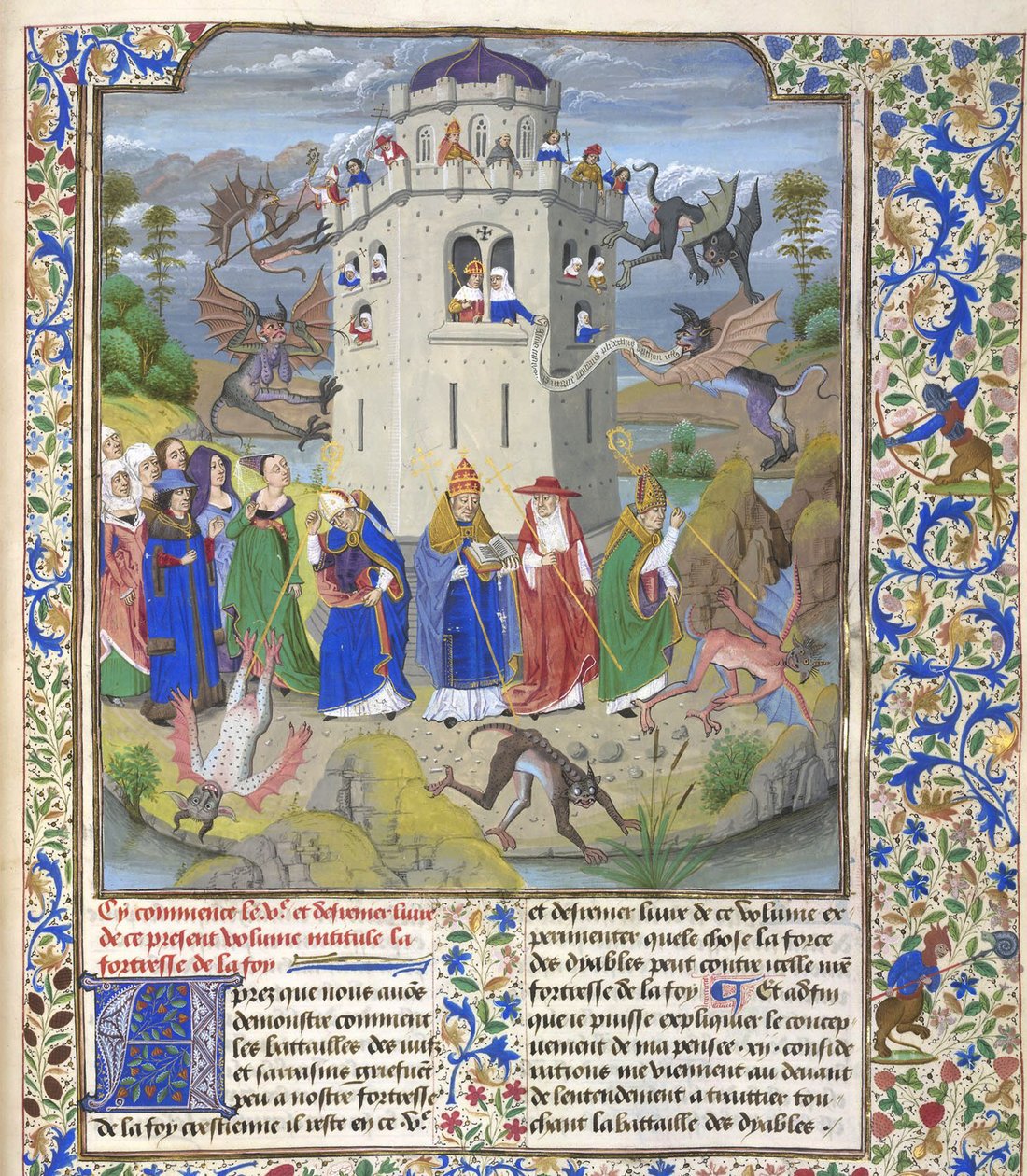 Pyhän Gregorin, Augustinuksen, Hieronymuksen ja Ambroseen pienoismalli taistelevat demoneja vastaan, 1400-luvun loppu. tekijältä Loyset Liedet