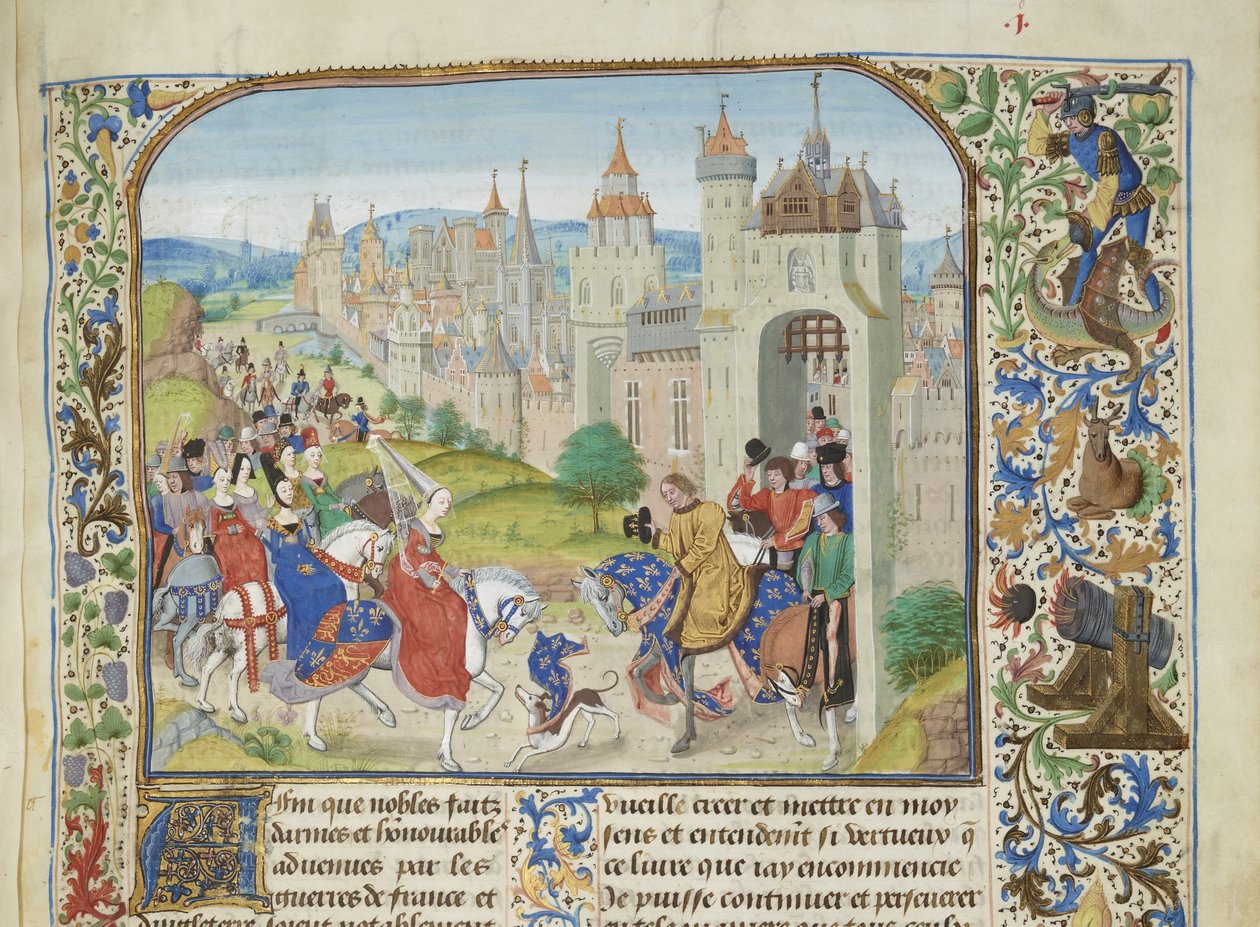 Ranskalaisen Isabellan toivotti hänen veljensä Kaarle IV tervetulleeksi Pariisiin, noin 1470-1475. tekijältä Loyset Liedet