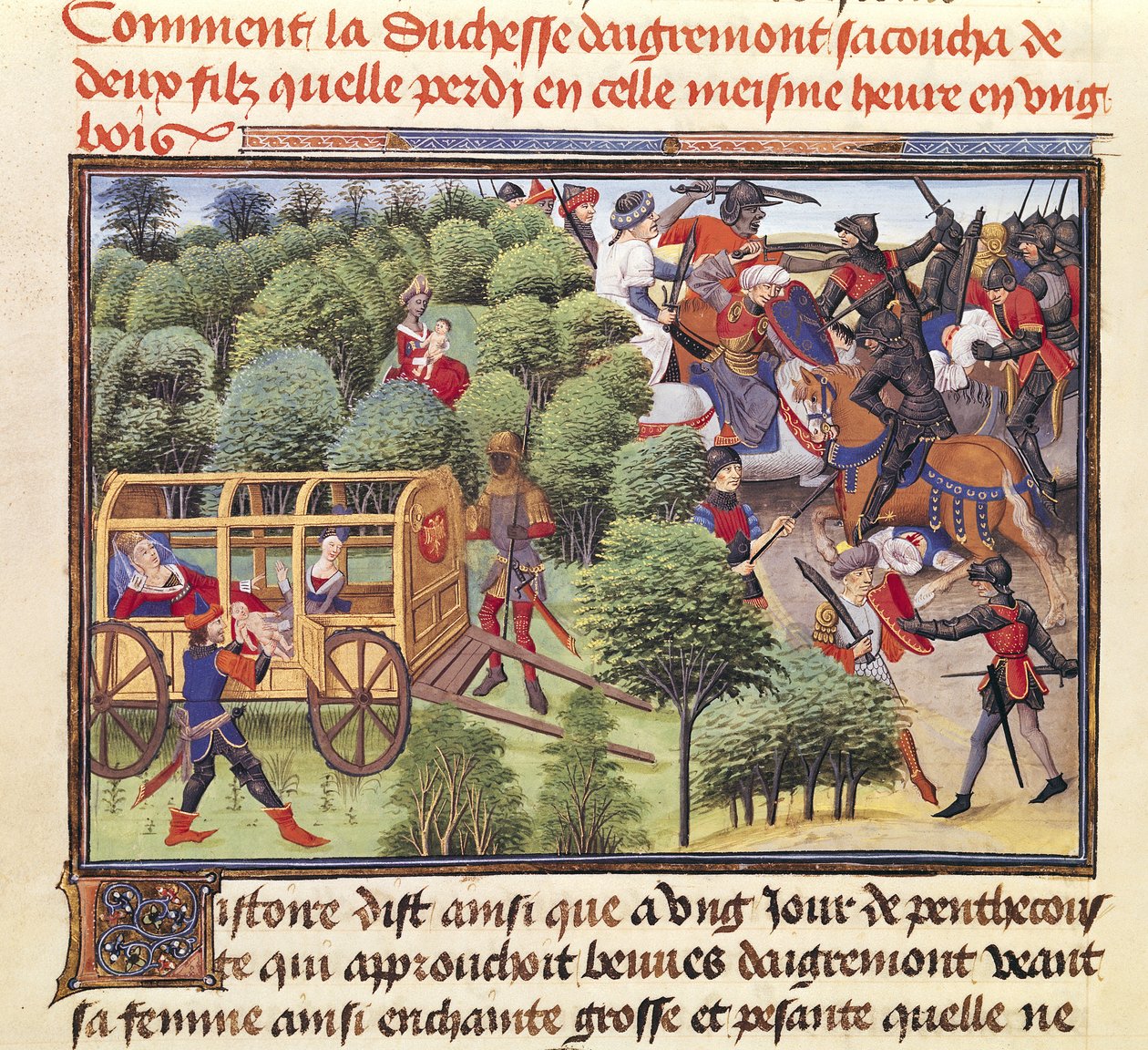 Ms 5072 f.6v Kuinka Aigremontin herttuatar synnytti kaksi poikaa ja menetti heidät saman tunnin aikana metsään, Renaud de Montauban -syklistä tekijältä Loyset Liedet