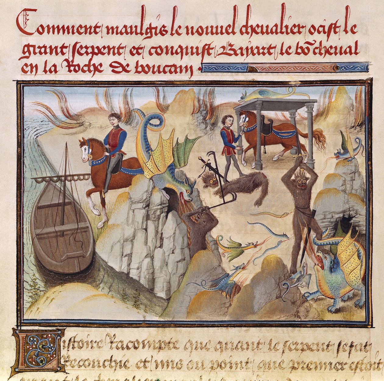 Ms 5072 fol.37v Maugis taistelee käärmettä vastaan ja saa Lumotun hevosen, Bayard, Renaud de Montauban -syklistä tekijältä Loyset Liedet