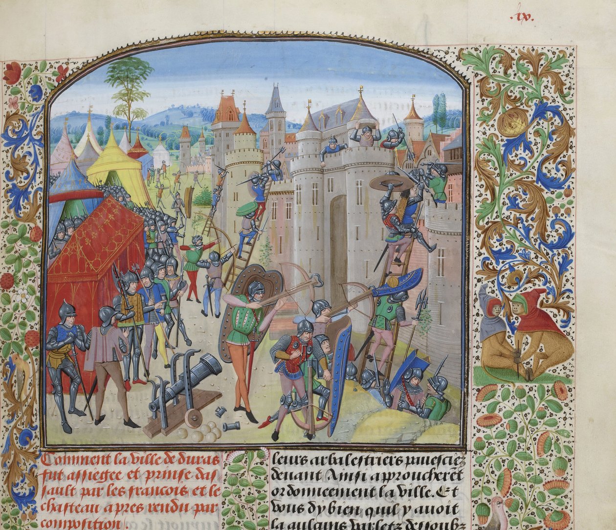 Ranskalaiset piirittivät Château de Durasin vuonna 1377, noin 1470-1475. tekijältä Loyset Liedet