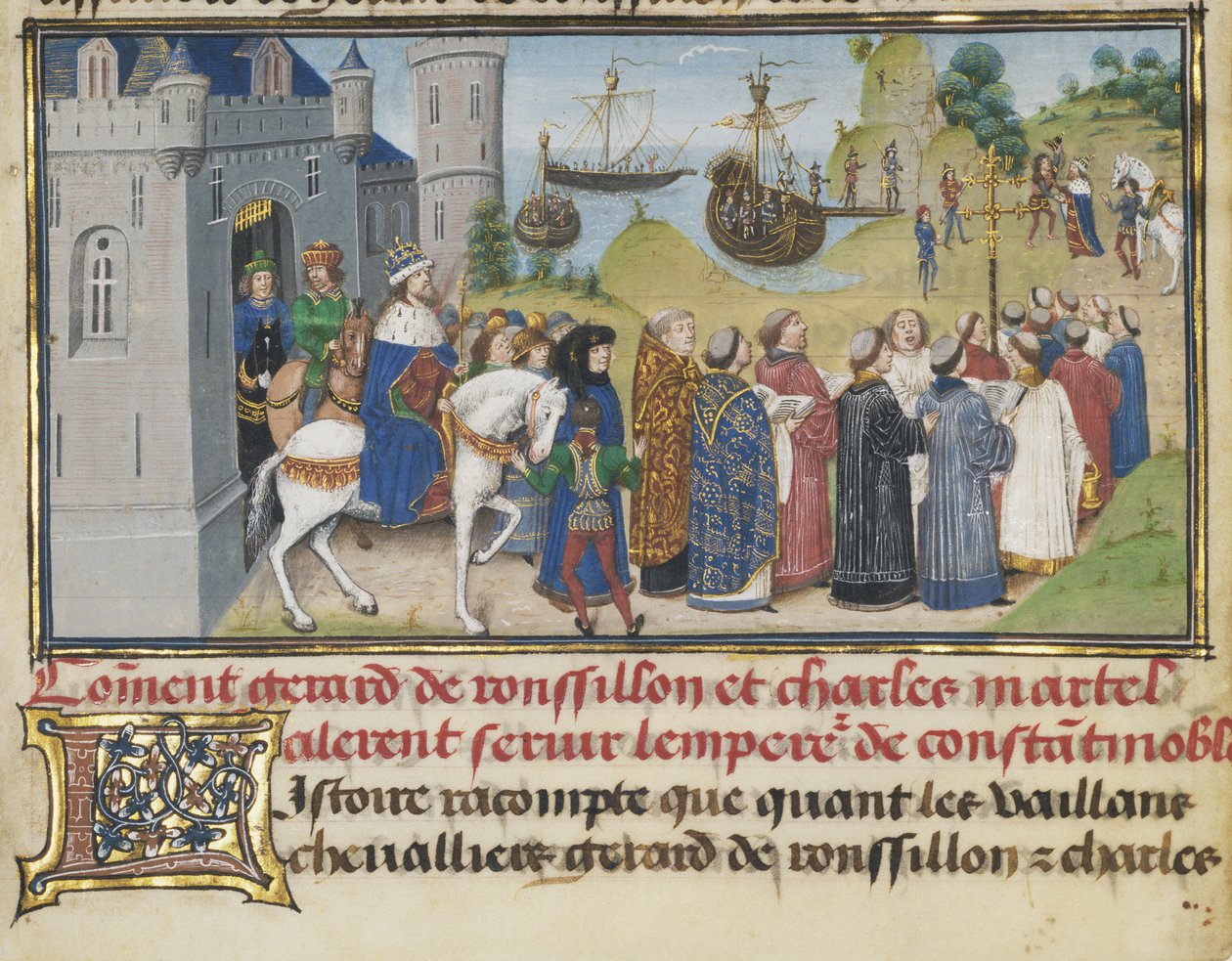 Bysantin keisari toivotti Roussillonin ja Martelin tervetulleeksi, 1468-1470 tekijältä Loyset Liedet