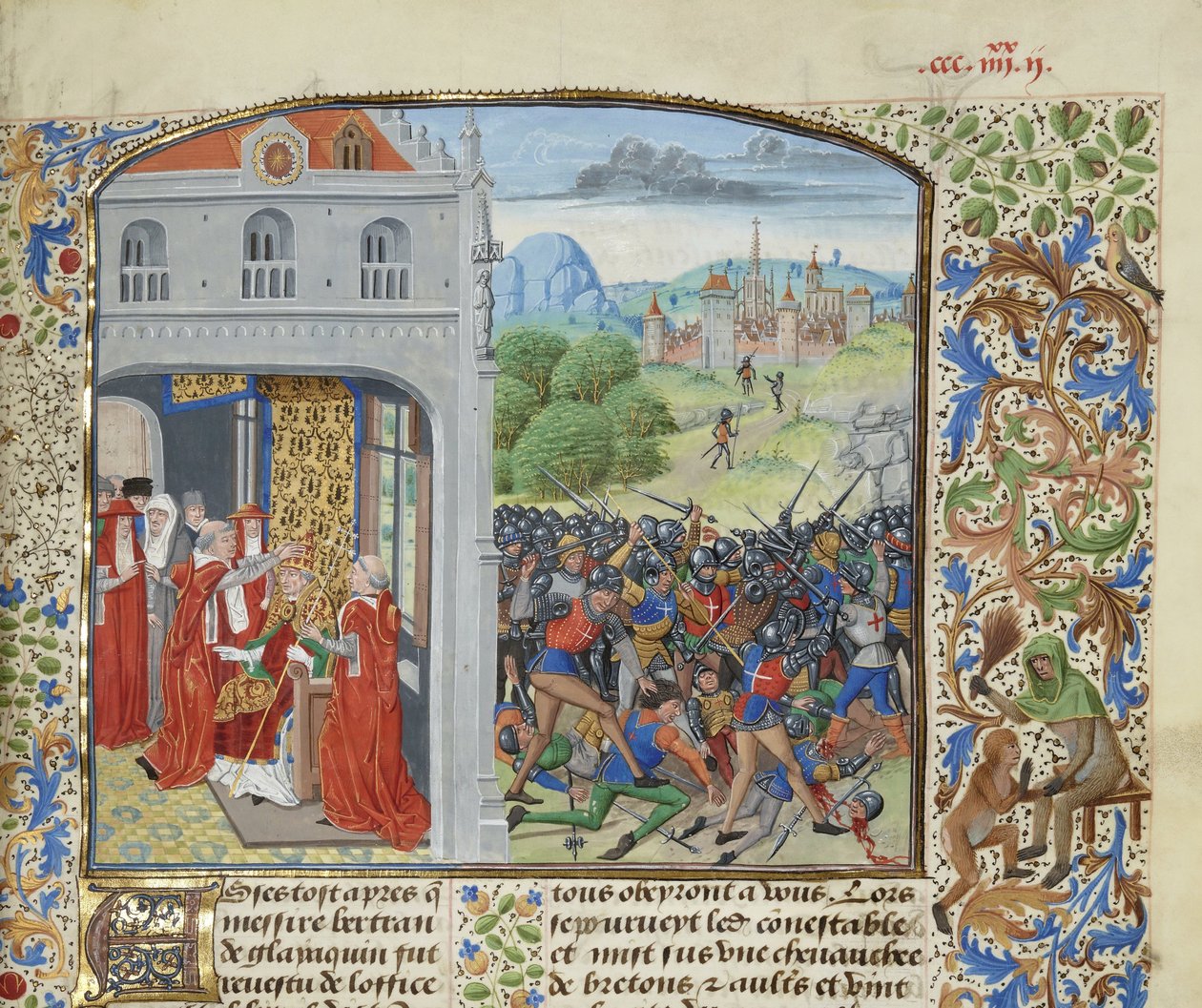Paavi Gregorius XI:n kruunaus ja Pontvallainin taistelu, 1370, noin 1470-1475. tekijältä Loyset Liedet