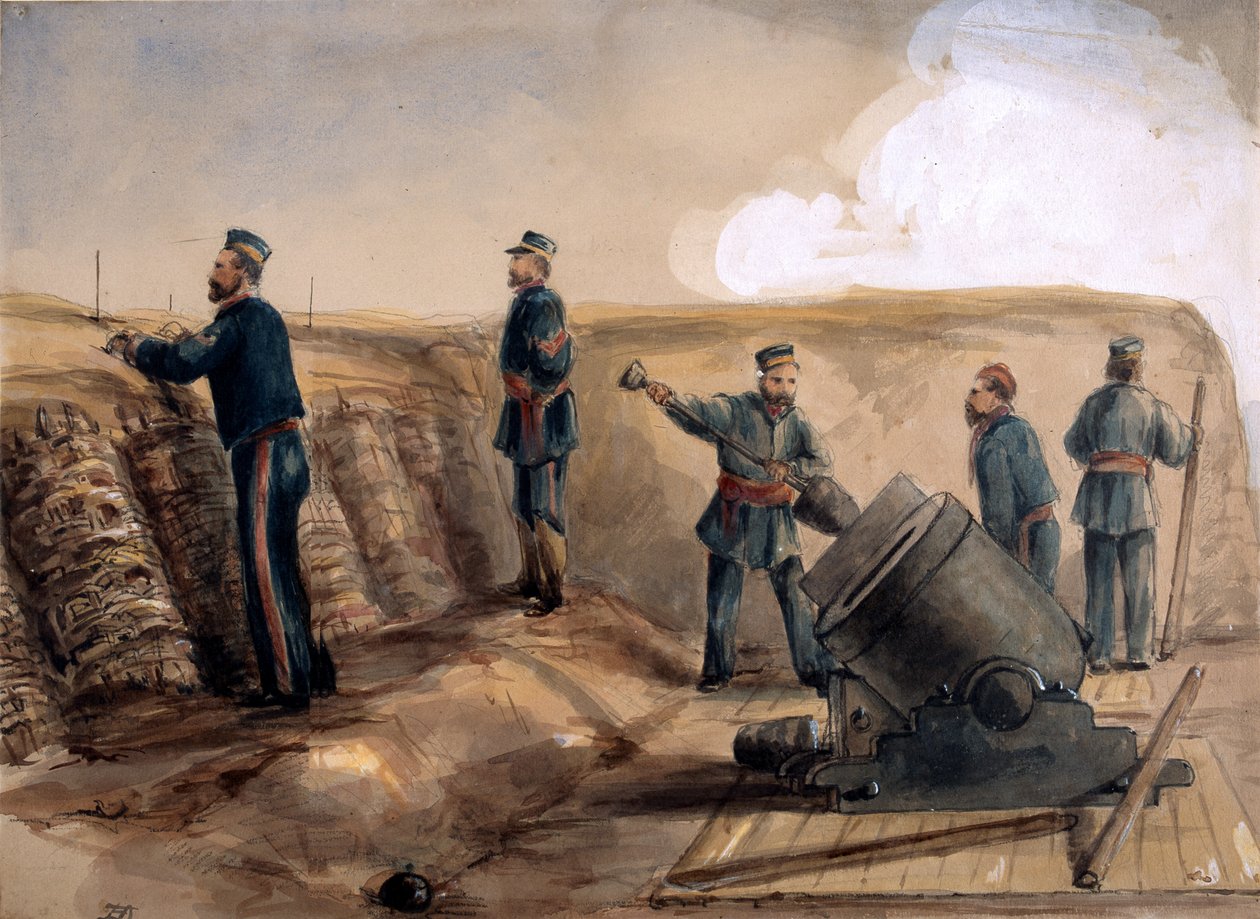 Kuninkaallisen tykistön 13-tuumainen kranaatinheitin toiminnassa, 1855 (wc lyijykynällä paperille). tekijältä Lt. Henry James Alderson