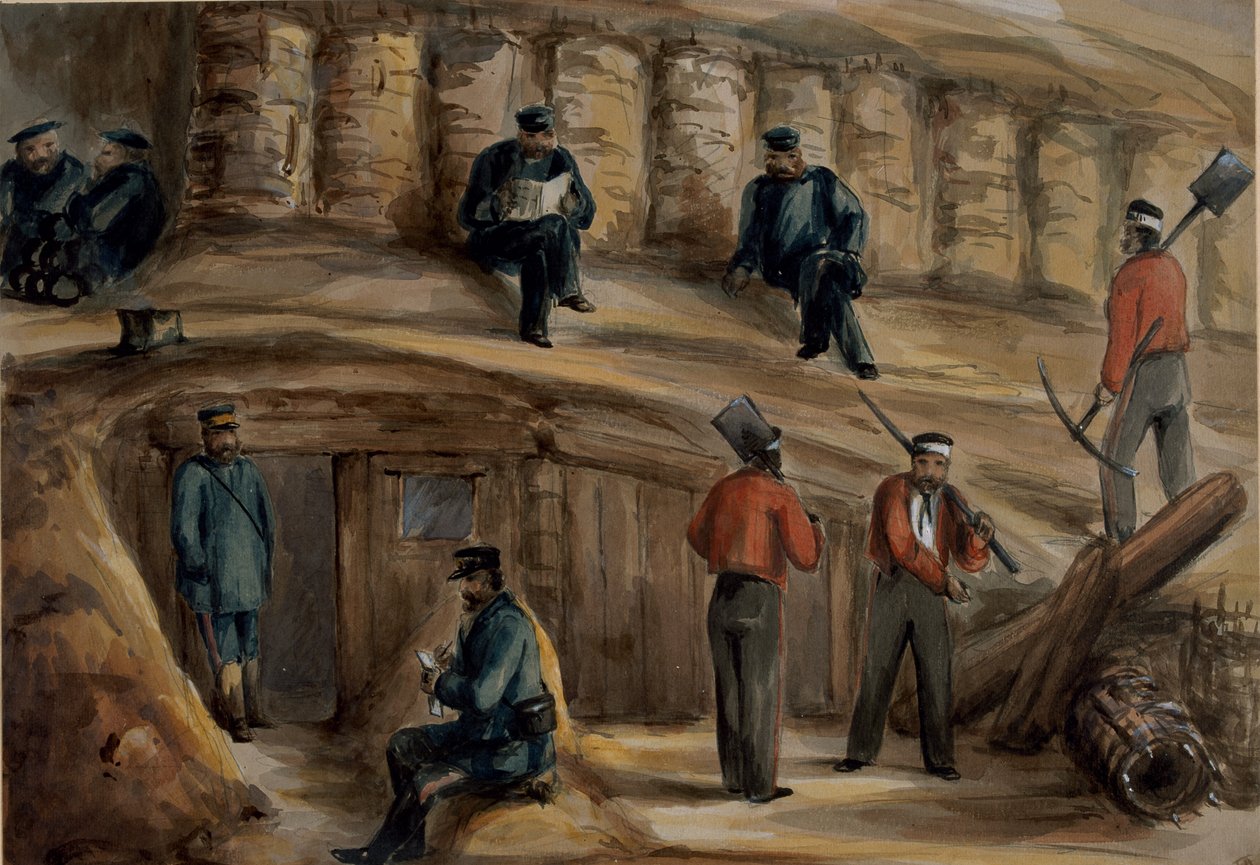 Kuninkaallisen tykistörykmentin tykkimiehet lepäämässä Sebastopolin juoksuhaudoissa, n. 1855 tekijältä Lt. Henry James Alderson
