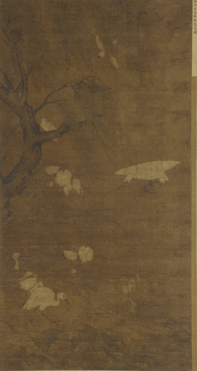 Linnut, pajupuu ja kukkia, Ming-dynastia, 1400-1600-luku (tussi ja väri silkille). tekijältä Lu Ji