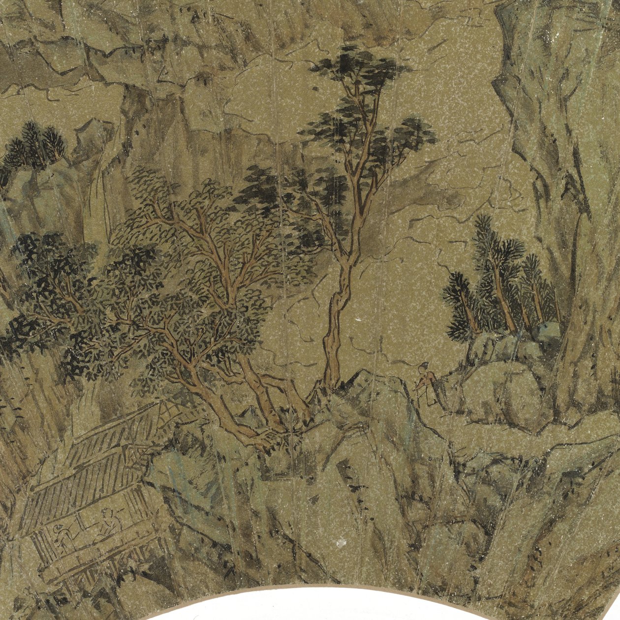 Yksityiskohta maisemasta, jossa on järvi, vuoria ja hahmoja kesämökissä, noin 1540 muste ja värit kultaiselle paperille. tekijältä Lu Zhi