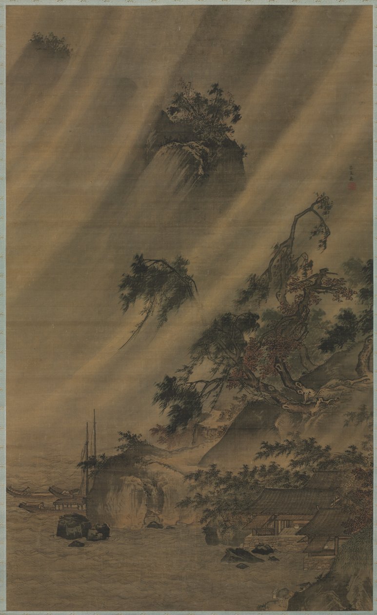 Jokikylä sademyrskyssä, n. 1480-1507. tekijältä Lu Wenying