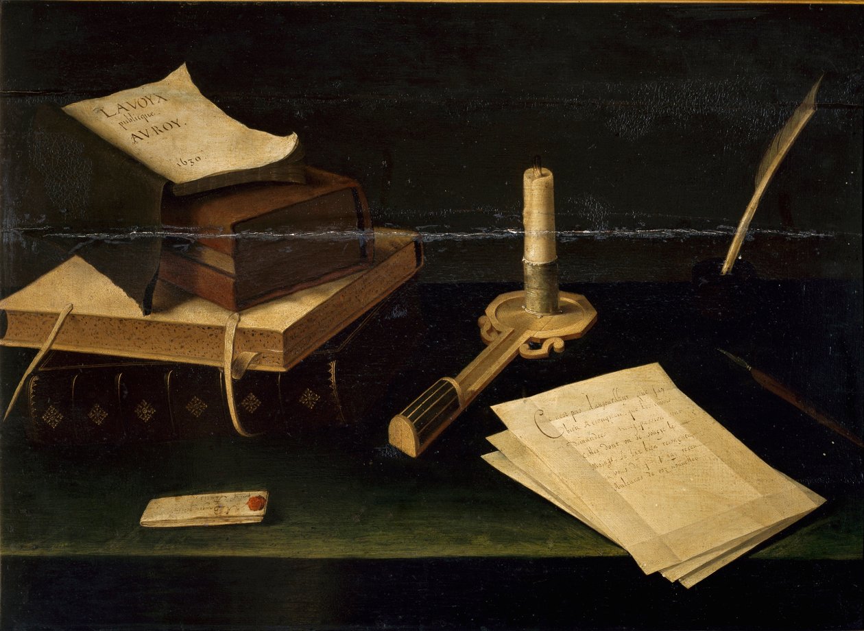 Lubin Bauginin (1610-1663) kirjojen asetelma, höyhen-, kirje- ja kynttilämaalaus 1600-luvun Rooma Galleria Spada tekijältä Lubin Baugin