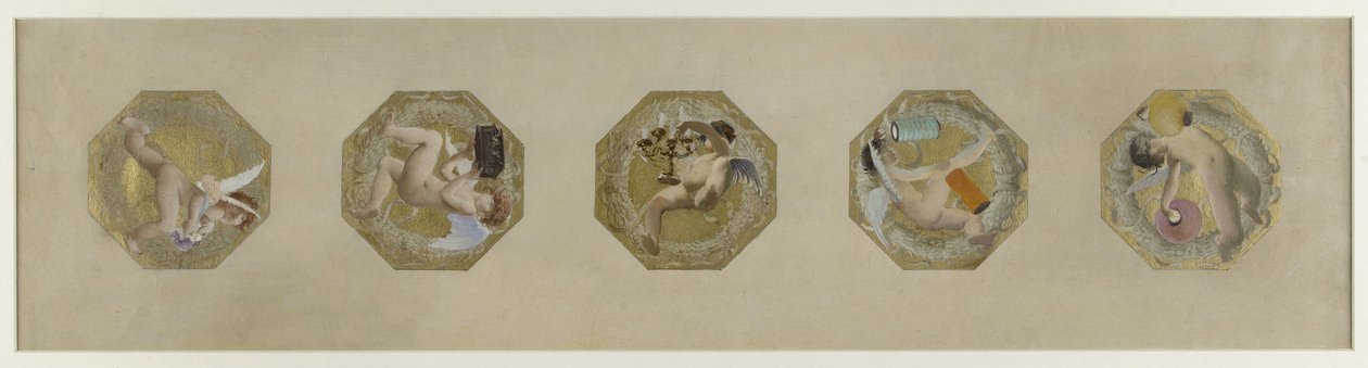 Luonnos Hôtel de Ville de Paris, juhlaportaat: Génies portant des attributs de fête, débuten 1888 (öljy paperille) (luonnos) tekijältä Luc Oliver Merson