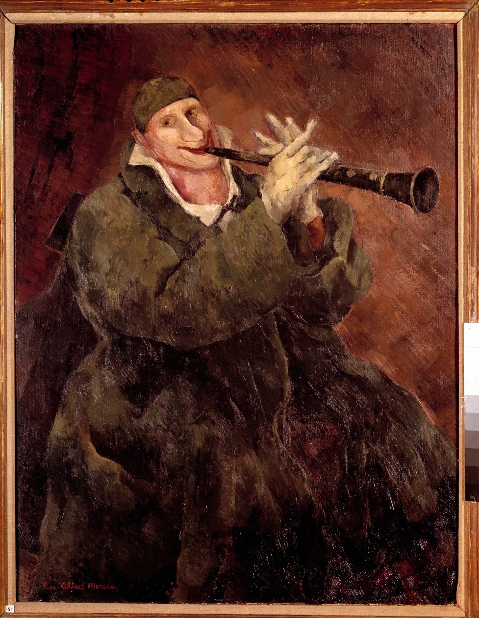 Grock soittaa trumpettia Klovni Gock (1880-1959) soittaa klarinettia. Luc Albert Moreaun (1882-1948) maalaus 1900-luvulta. Pariisi. Kaupungin modernin taiteen museo tekijältä Luc Albert Moreau