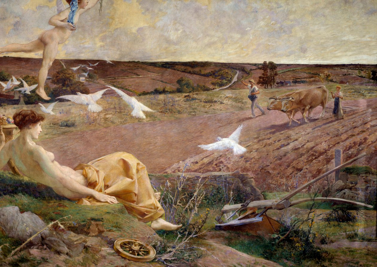 Fortune allegorinen esitys runsaudesta ja hedelmällisyydestä. Taustalla talonpoika kyntämässä peltoaan. Yksityiskohta. Luc Olivier Mersonin (1846-1920) maalaus marouflee kipsille 1901 Su. 2,22x2,9 m Pariisi, musee d