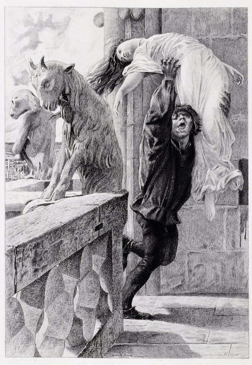 Quasimodoableve Esmeralda - Luc Olivier Mersonin Victor Hugon "Notre Dame de Paris" -elokuvassa, kaiverrus Gery Bichard, toim. E. Testard, Pariisi tekijältä Luc Oliver Merson