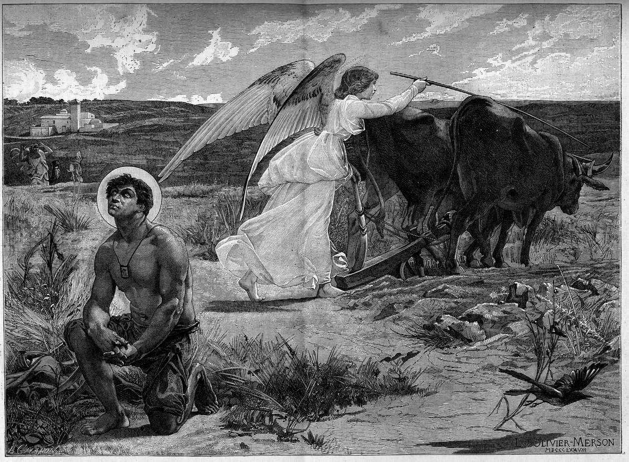 Pyhä Isidore, kyntäjien suojelija. Enkeli auttaa Pyhää Isidoria kyntämään peltoa auralla. 1800-luvulla. Kaiverrus Luc Olivier Mersonin (1846-1920) maalauksen jälkeen. "" The Illustrous World" -julkaisussa nro 1294 21. tammikuuta tekijältä Luc Oliver Merson