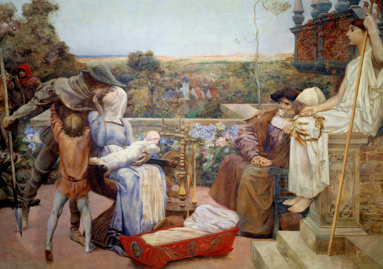 Perhe Keskiajan rikas perhe, äiti pitää vauvaa sylissään ja suutelee miestään. Sisustus Pariisin Hotel Watel-Dehayninista. Luc Olivier Mersonin (1846-1920) maalaus marouflee kipsille 1901 Su. 2,22x2,95 m Pariisi, mus tekijältä Luc Oliver Merson