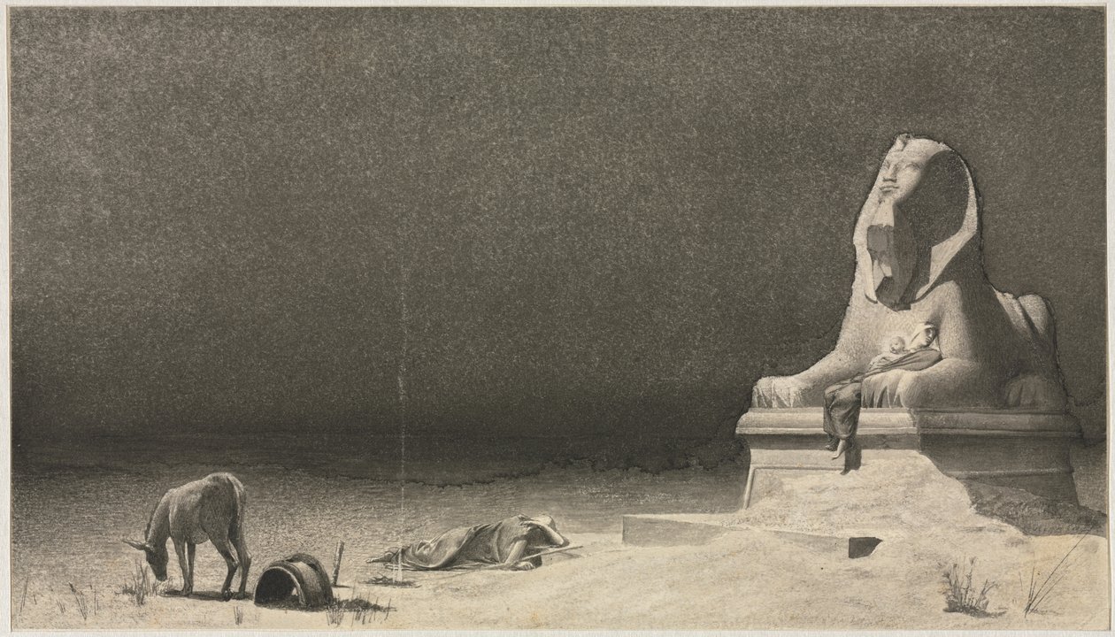 Lepo lennossa Egyptiin recto, Sfinksin luonnos [] verso, n. 1879-80. tekijältä Luc Olivier Merson