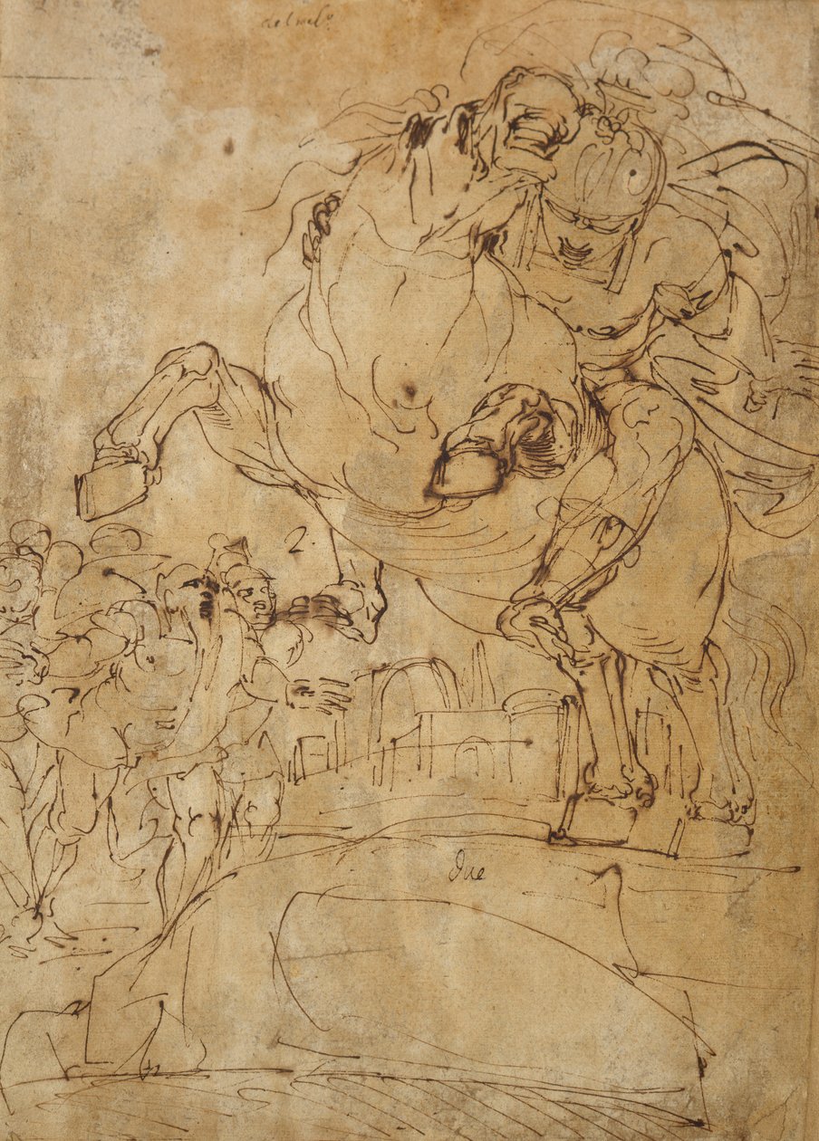 Marcus Curtius hyppää syvyyteen, n. 1574 (kynä ja ruskea muste paperilla) tekijältä Luca Cambiaso