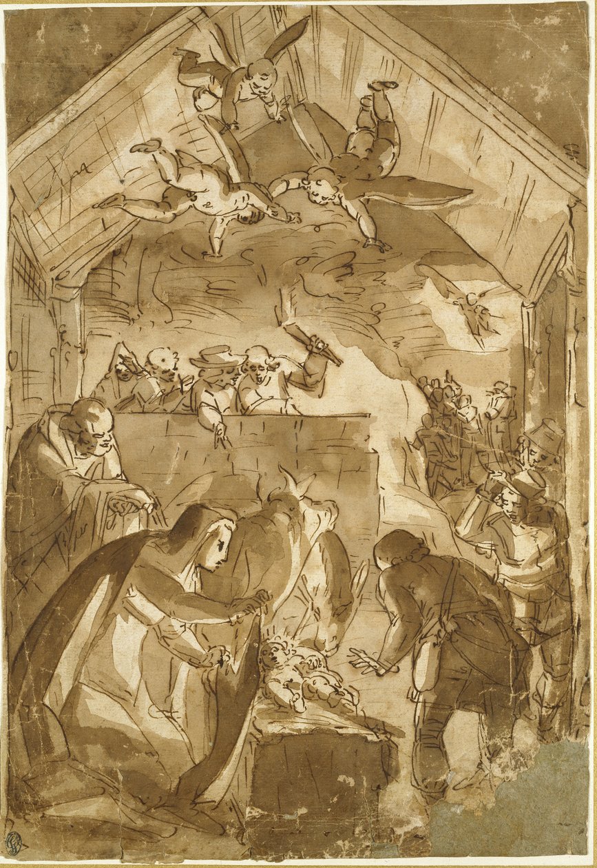 The Nativity (kynä ja ruskea muste ruskealla pesulla luonnonvalkoiselle paperille) tekijältä Luca Cambiaso