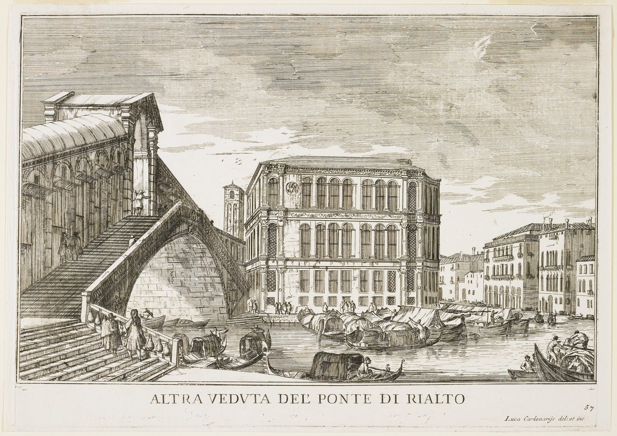 Näkymä Rialton sillalle, levy Venetsian rakennuksista ja näkymistä, 1703, 1750-53 tekijältä Luca Carlevaris