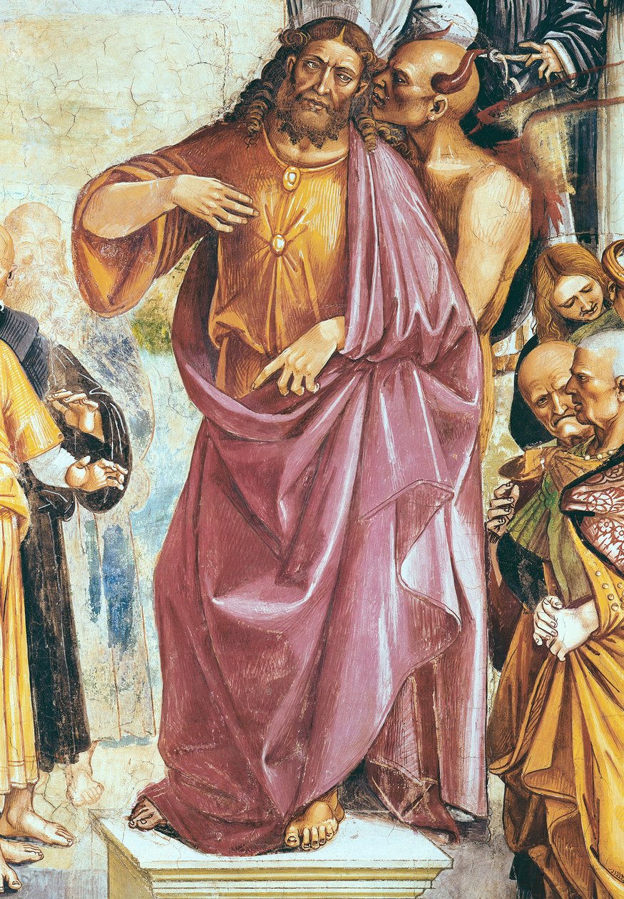 Antikristuksen saarna, yksityiskohta Kristuksesta ja paholaisesta, Madonna di San Brizion kappelista, 1499-1504 tekijältä Luca Signorelli