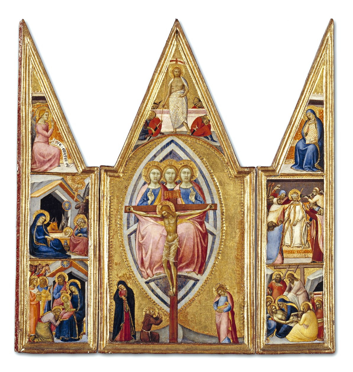 Kolminaisuus ja ristiinnaulitseminen kohtauksilla Kristuksen elämästä, n. 1355 (tempera paneelissa) tekijältä Luca di Tommè
