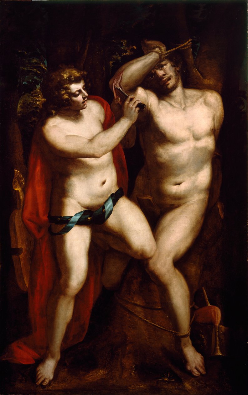 Apollo ja Marsyas Satyyri saa rangaistuksen siitä, että hän on uhmannut Apolloa lyyraan, ja se estää häntä. Luca Changen (tai Change, Change) maalaus Genovan Lucchettossa (1527-1585) 1500-luvun yksityinen kokoelma tekijältä Luca Cambiaso