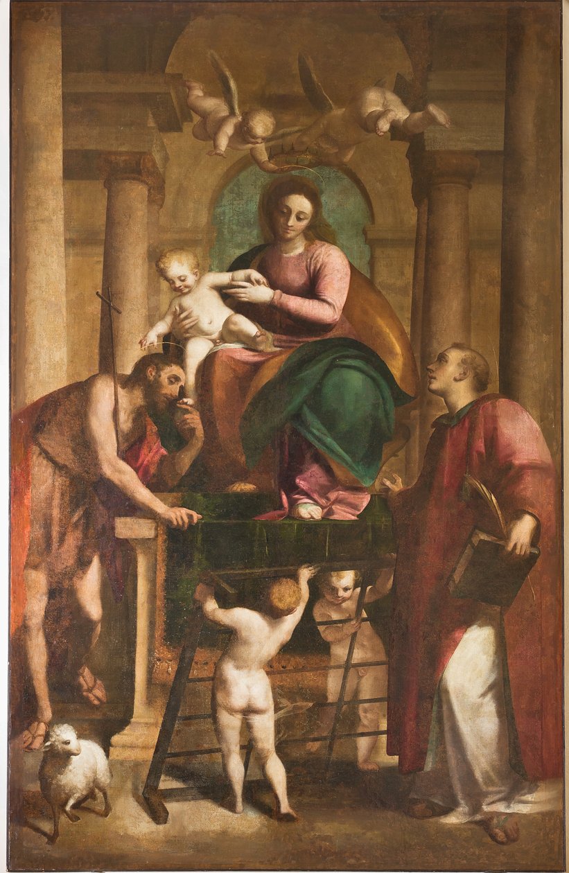 Genova, Duomo (Pyhän Laurentiuksen katedraali), sisällä, kastekappeli (entinen Pyhän Johannes Vanhan kirkko): "Madonna ja lapsi Pyhän Johannes Kastajan ja Pyhän Laurentiuksen välillä", Luca Cambiaso, öljymaalaus paneelille tekijältä Luca Cambiaso