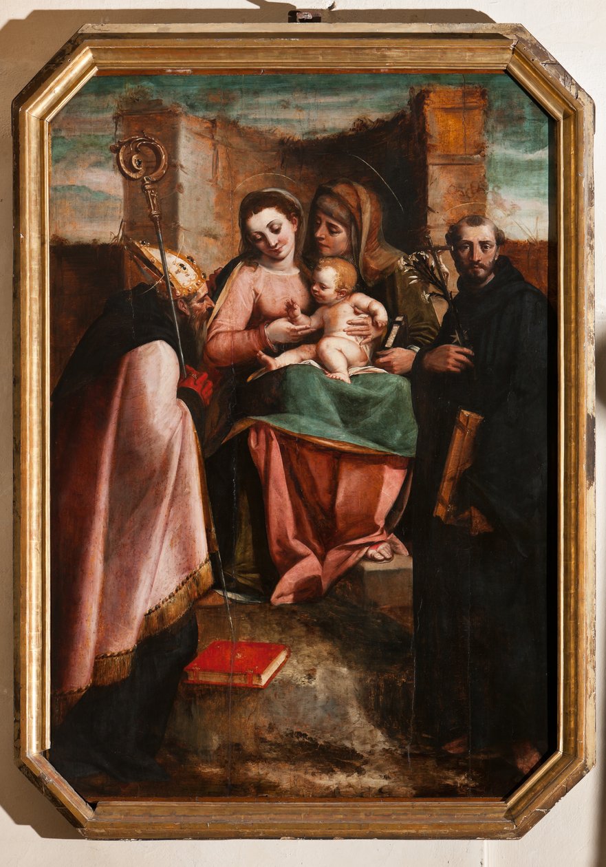 Genova, Duomo (Pyhän Laurentiuksen katedraali), sisällä, kastekappeli (entinen Pyhän Johannes Vanhan kirkko): "Madonna ja lapsi Pyhän Annan, Barin Pyhän Nikolauksen ja Tolentinon Pyhän Nikolauksen keskuudessa", kirjoittanut Luca Cambiaso tekijältä Luca Cambiaso