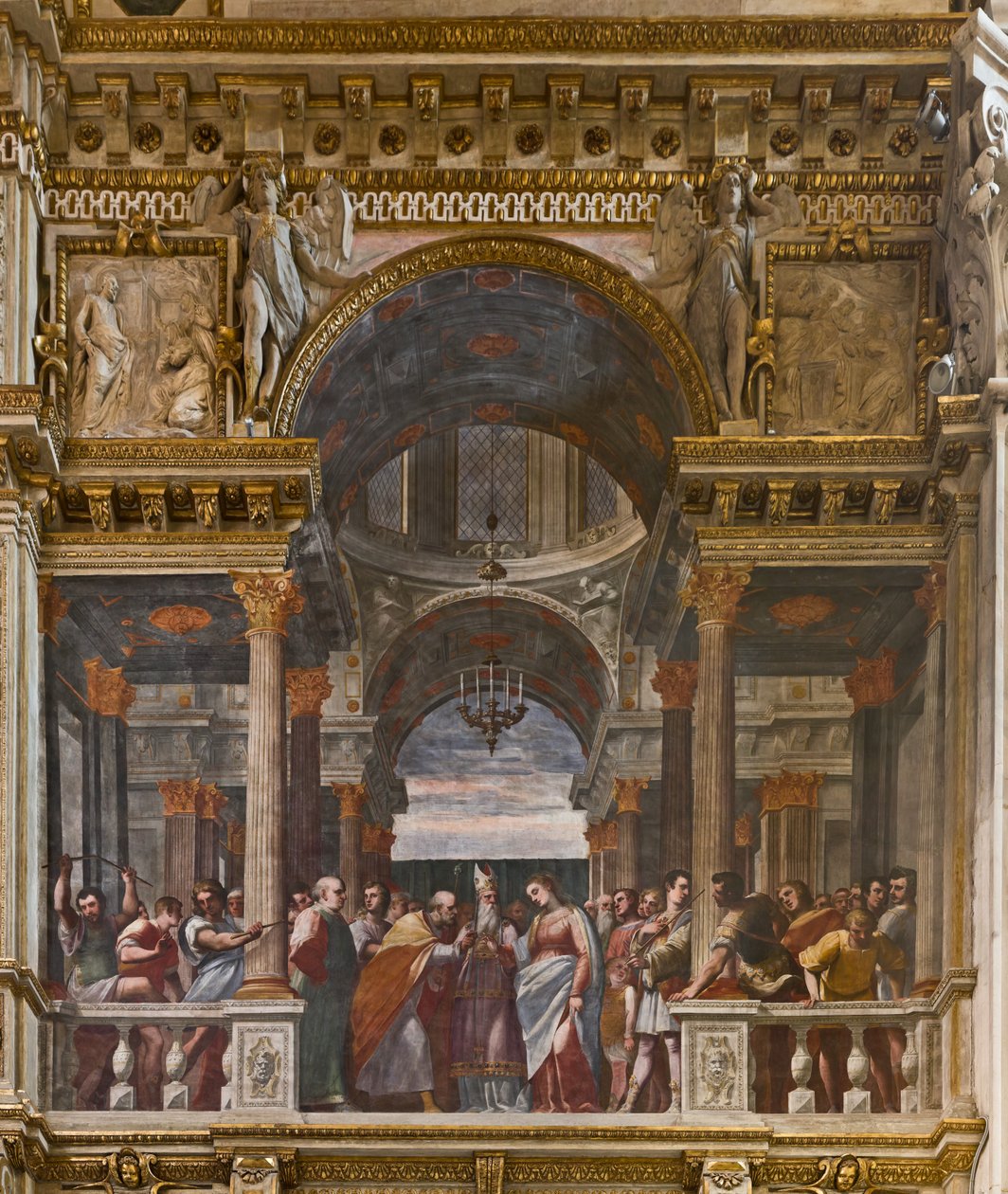 Genova, Duomo (Pyhän Laurentiuksen katedraali), sisällä, Lercari-kappeli tai Siunatun Sakramentin kappeli (pohjoinen apsisi), eteläpuoli: "Neitsyt kihla", Luca Cambiason fresko tekijältä Luca Cambiaso