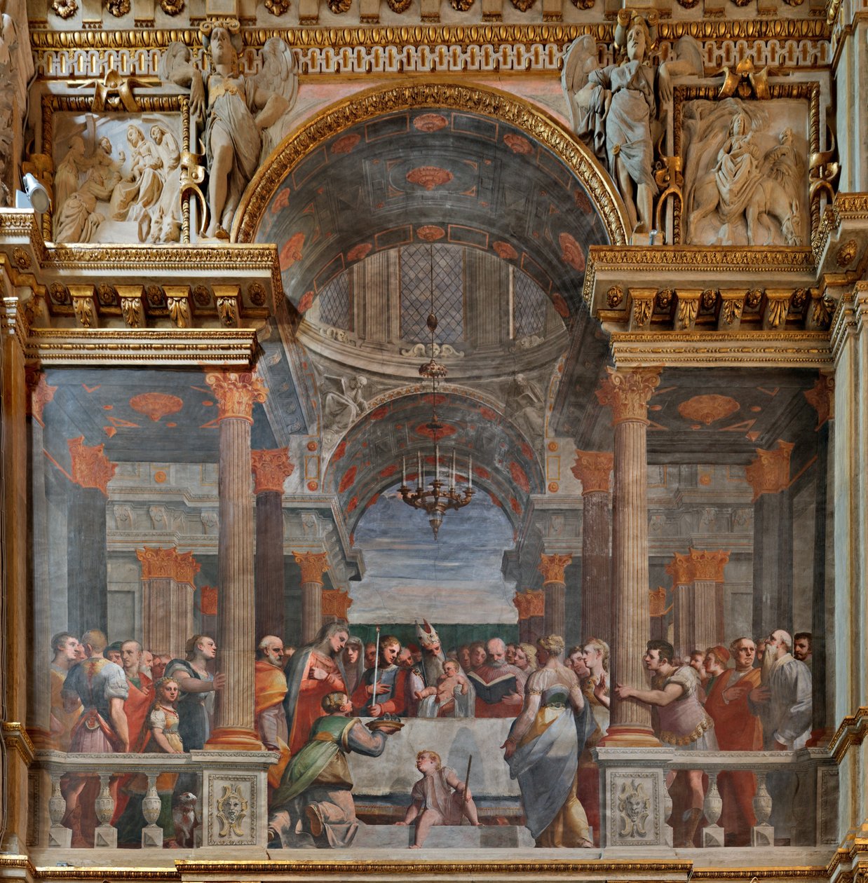 Genova, Duomo (Pyhän Laurentiuksen katedraali), sisällä, Lercari-kappeli tai Siunatun Sakramentin kappeli (pohjoinen apsi), pohjoispuoli: "Esitys temppelissä", fresko Luca Cambiaso tekijältä Luca Cambiaso