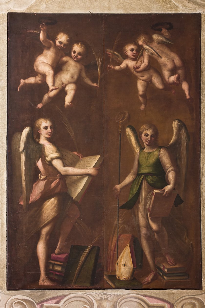 Genova, Duomo (St Lawrence Cathedral), sakristi, kappeli: "Enkelit piispanmerkeillä, kirjoja ja palmunoksia", kirjoittanut Luca Cambiaso, noin 1580 tekijältä Luca Cambiaso