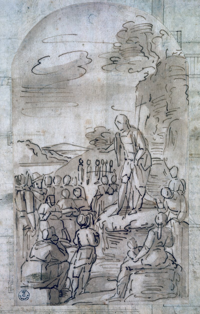 Pyhä Johannes Kastaja saarnaa, Luca Cambiaso (1527-1585), Piirustus kynällä ja guassilla, Italia tekijältä Luca Cambiaso