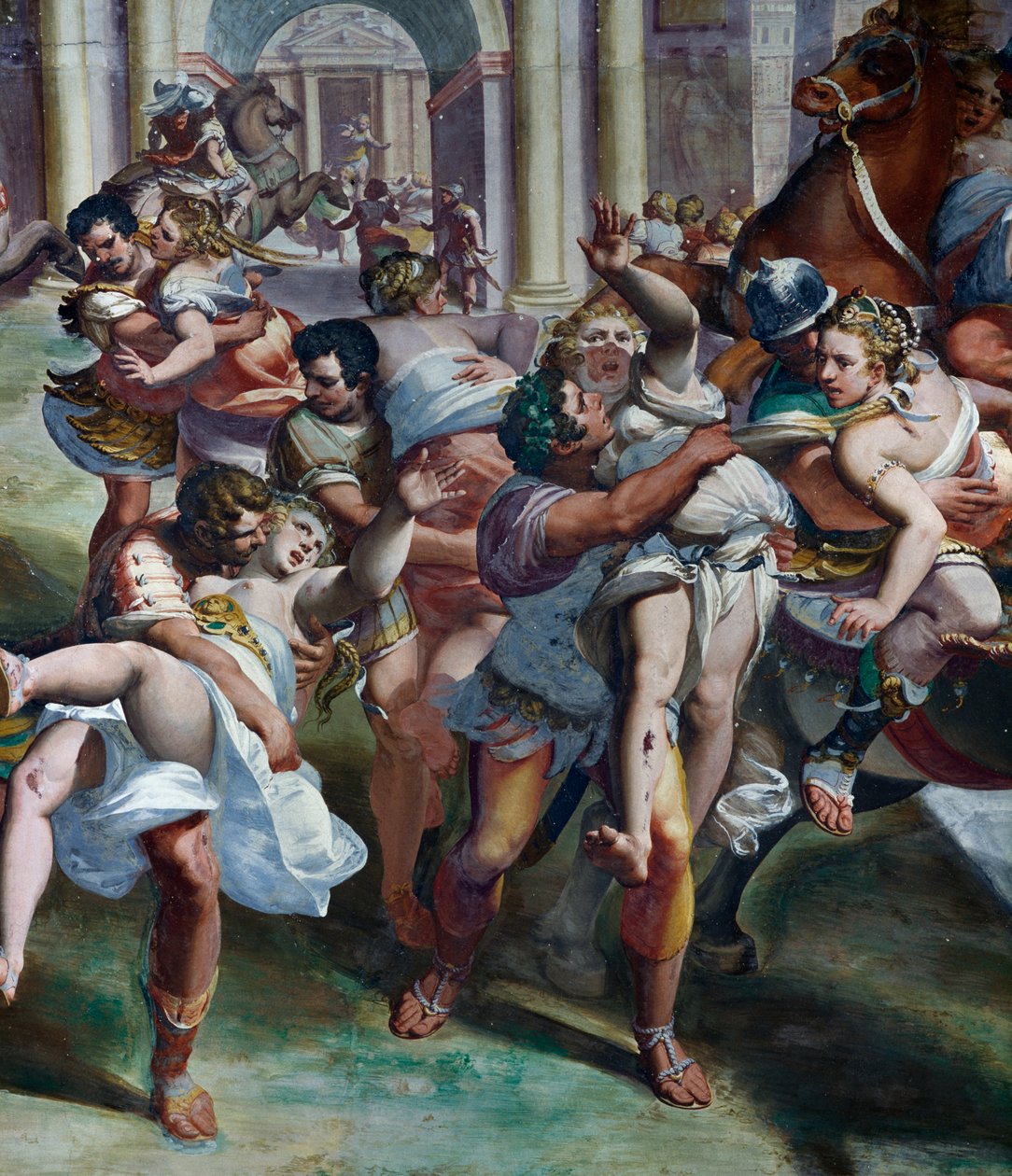 The Rape of Sabine Women (1500-luku), Luca Cambiaso (1527-1585), fresko, Villa Imperiale, Genova, Liguria, Italia, yksityiskohta tekijältä Luca Cambiaso
