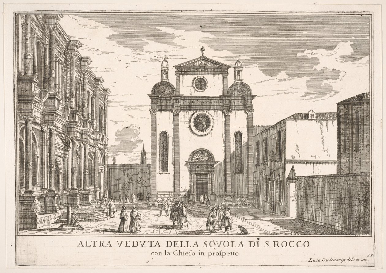 Levy 38: Näkymä St. Rochin kirkon julkisivusta ja vasemmalla Schoo...n julkisivusta, 1703. tekijältä Luca Carlevarijs
