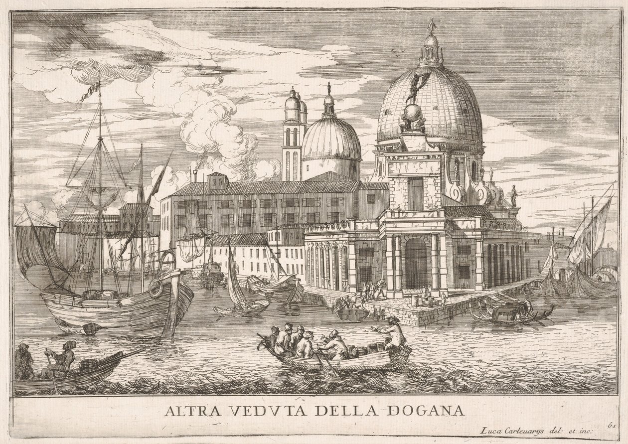 Kilpi 61: Näkymä Dogana da Marin tullitalolle Canal Granden yhtymäkohdassa, 1703. tekijältä Luca Carlevarijs