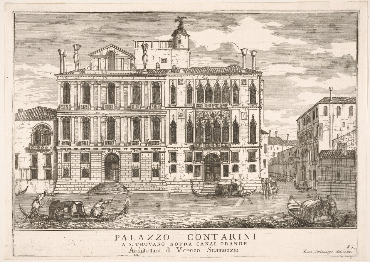 Levy 85: Näkymä Contarinin palatsista Campo San Trovasossa, Venetsiassa, 1703, rakennuksesta..., 1703. tekijältä Luca Carlevarijs