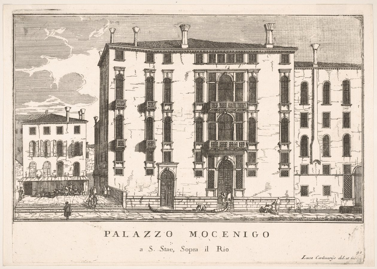 Levy 91: Näkymä Mocenigon palatsiin Campo San Staessa, Venetsiassa, 1703, rakennuksesta..., 1703. tekijältä Luca Carlevarijs