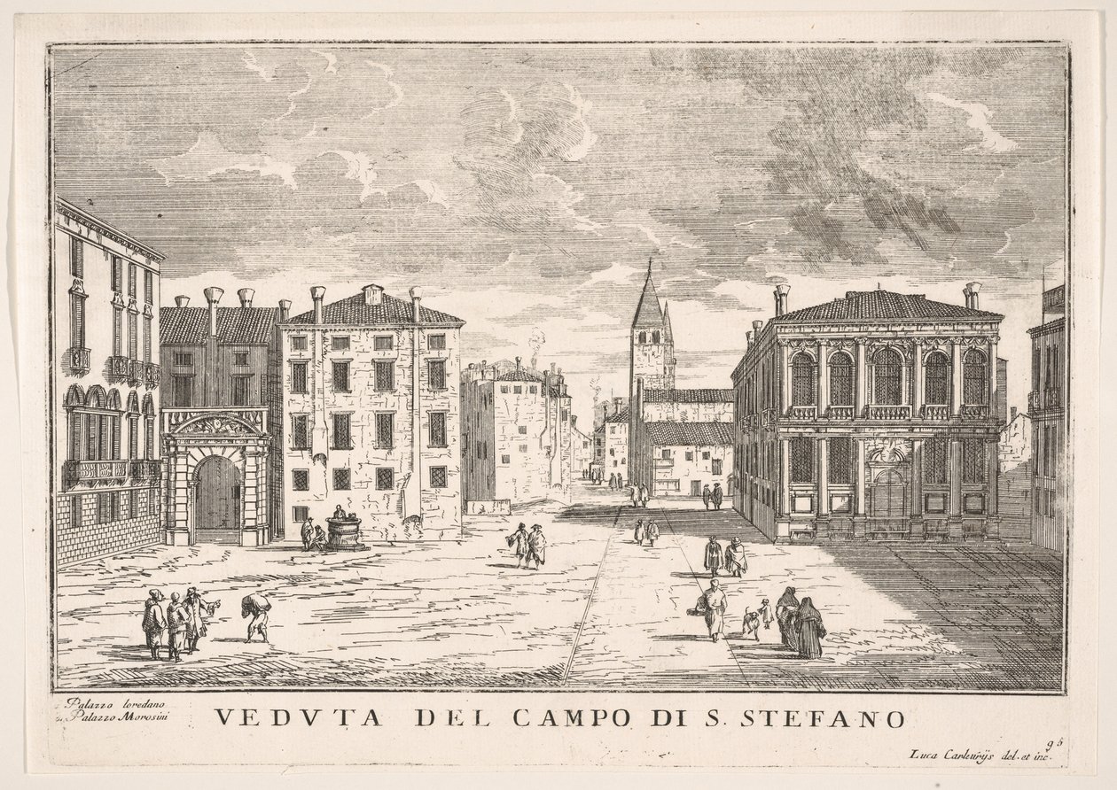 Levy 95: Näkymä Campo Santo Stefanolle, Loredanin palatsille ja Morosinin palatsille, Venetsia..., 1703. tekijältä Luca Carlevarijs