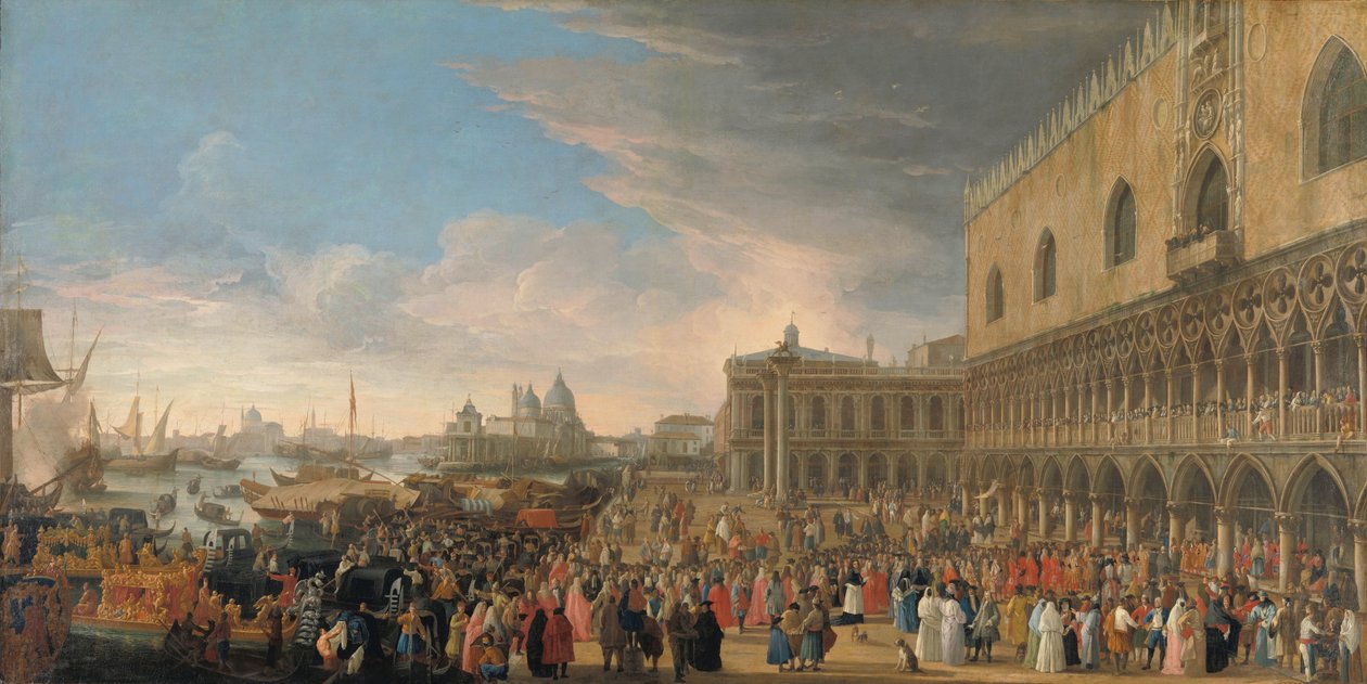 Ranskan suurlähettilään saapuminen Venetsiaan vuonna 1706 Abbé de Pomponnena tunnetun Henri-Charles Arnauld de Pomponnen seremoniallinen saapuminen Venetsiaan Ranskan suurlähettiläänä 10. toukokuuta 1706 tekijältä Luca Carlevarijs