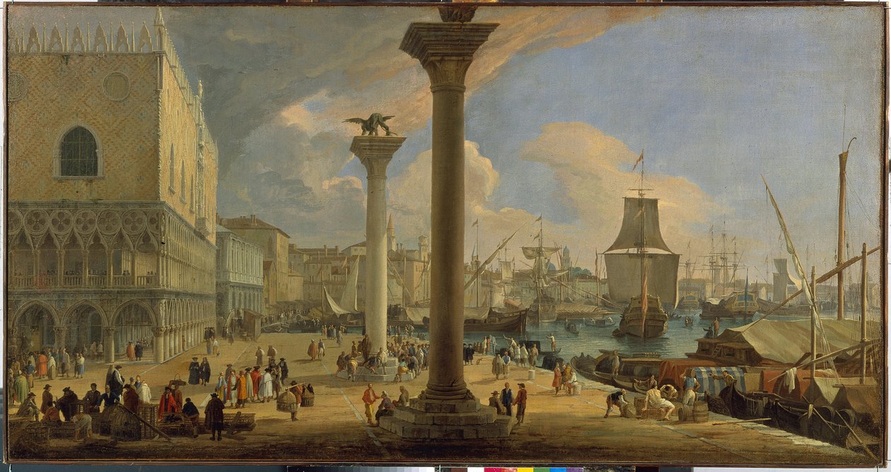 Molo ja herttuan palatsi (Venetsia, Italia) - Luca Carlevarisin (1663-1730) maalaus, öljy kankaalle, noin 1710, 64x121 cm - Molo ja herttuapalatsi, öljy kankaalle Luca Carlevaris - Valtion Eremitaaši, St. - Pietari tekijältä Luca Carlevaris