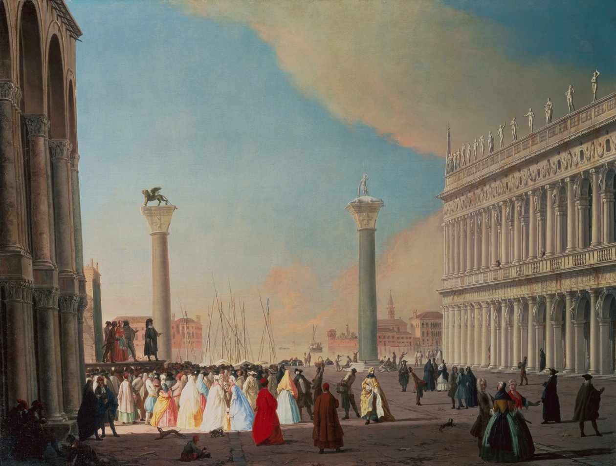 Piazzetta, Venetsia, katsoen etelään San Marcon julkisivun edestä (öljy kankaalle) tekijältä Luca Carlevaris
