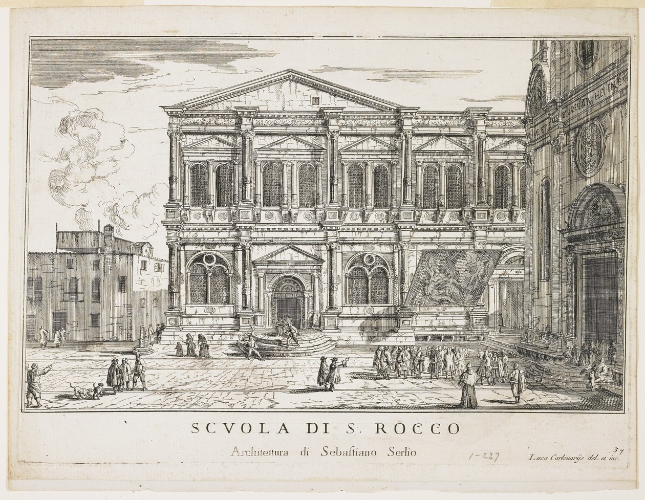 Näkymä St. Roccon veljeskuntaan, laatta Venetsian rakennuksista ja näkymistä, 1703, 1750-53 tekijältä Luca Carlevaris