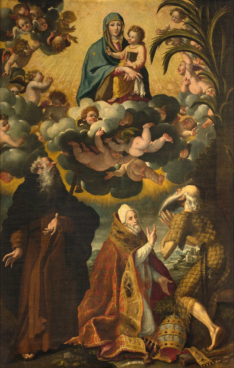 Pyhän Antoniuksen, Madonnan ja lapsen alttari pyhien Anthonyn kanssa Abotti Paul Hermit ja paavi Gregorius XIV, Luke Cattapane 1593 tekijältä Luca Cattapane