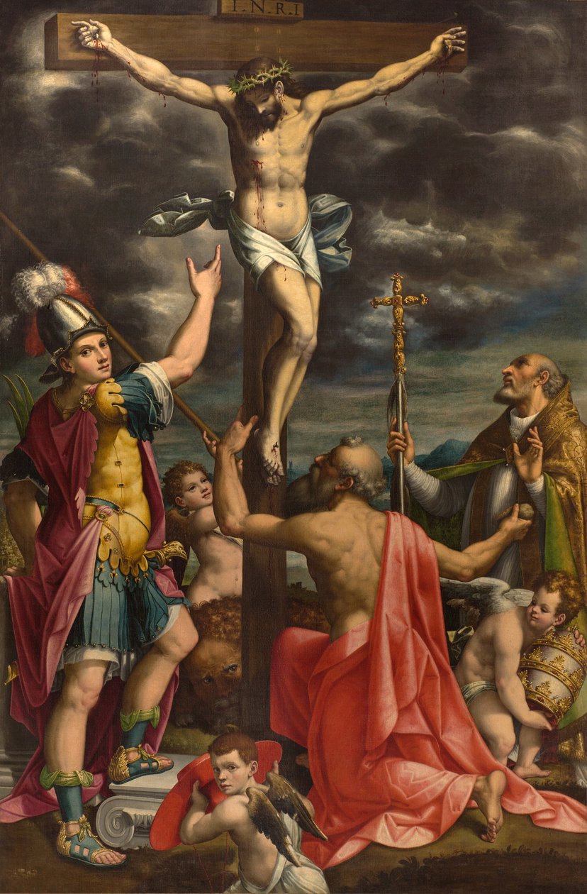 San Fermon alttari, ristiinnaulitseminen pyhien Fermo Jeromen ja paavi Gregorius XIV:n kanssa, Luca Cattapane 1593 tekijältä Luca Cattapane