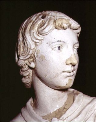 Kynttilän kantava enkeli, pään yksityiskohta (lasitettu keramiikka) (97636:n yksityiskohta) (pari katso 97637-8) tekijältä Luca Della Robbia