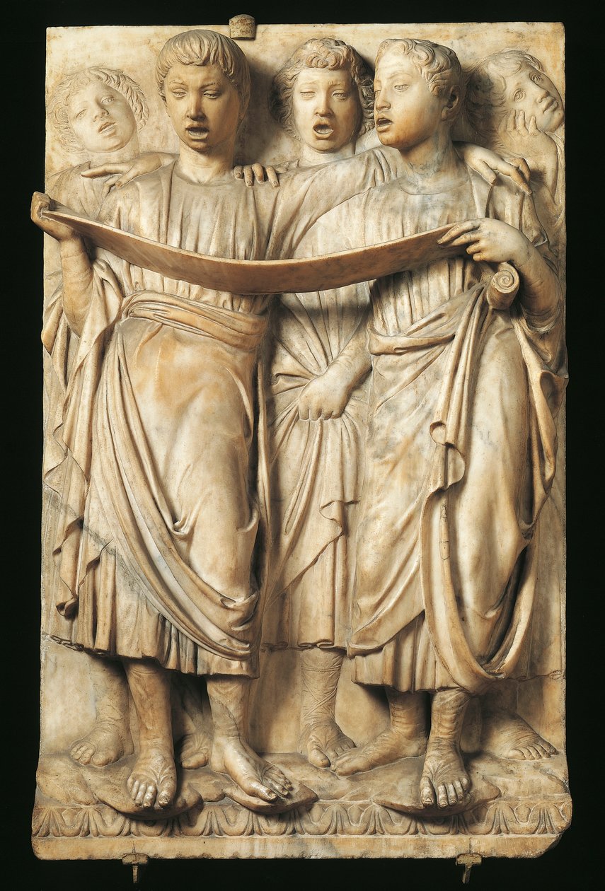 Lapset laulavat, yksityiskohta Cantoriasta (kuorogalleria), Luca Della Robbia (n. 1400-1481), marmori, reliefi Santa Maria del Fioren katedraaliin, Firenze tekijältä Luca Della Robbia