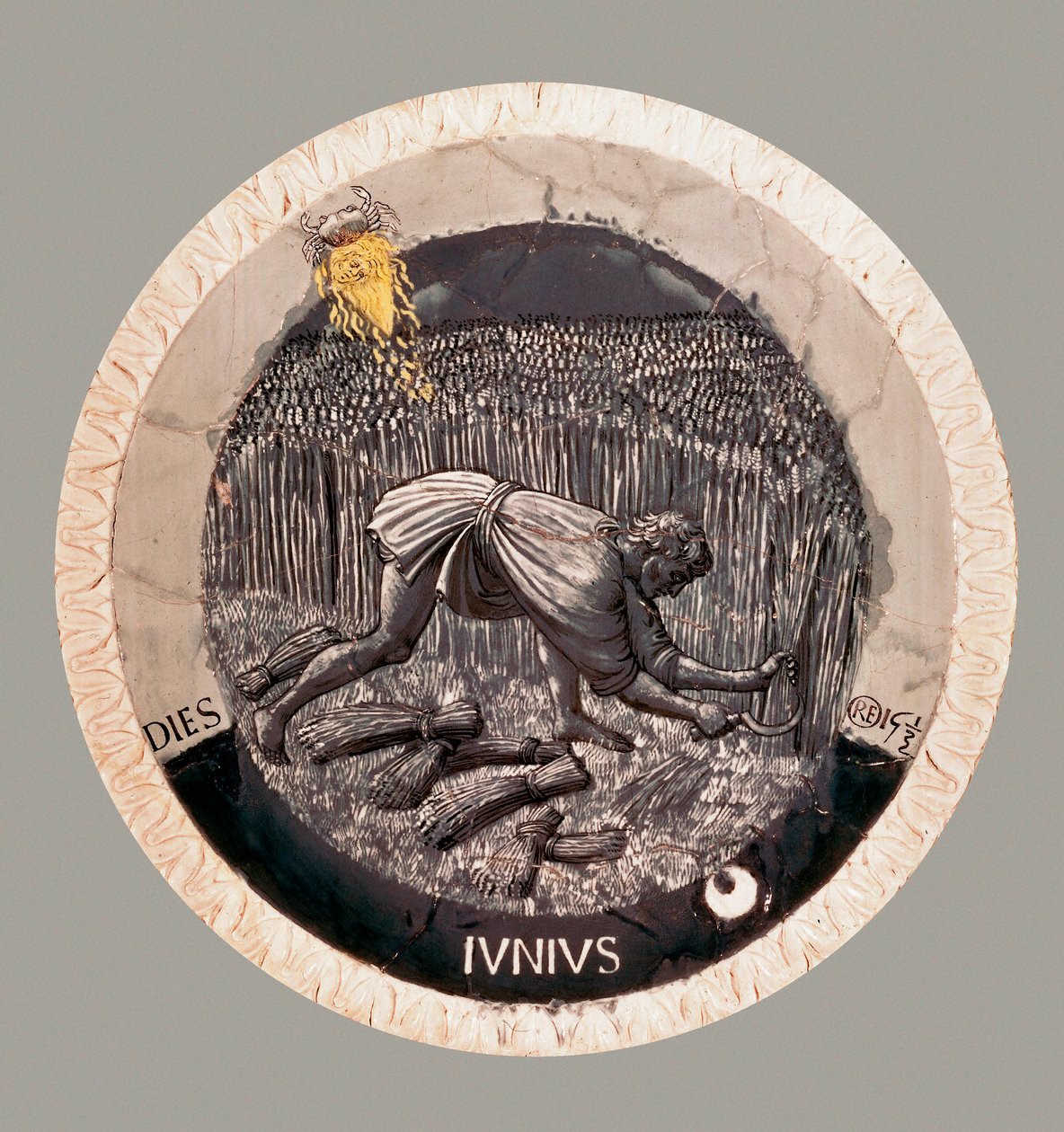 Kesäkuu: talonpoika korjuu vehnää. Luca della Robbian terrakotta tekijältä Luca Della Robbia