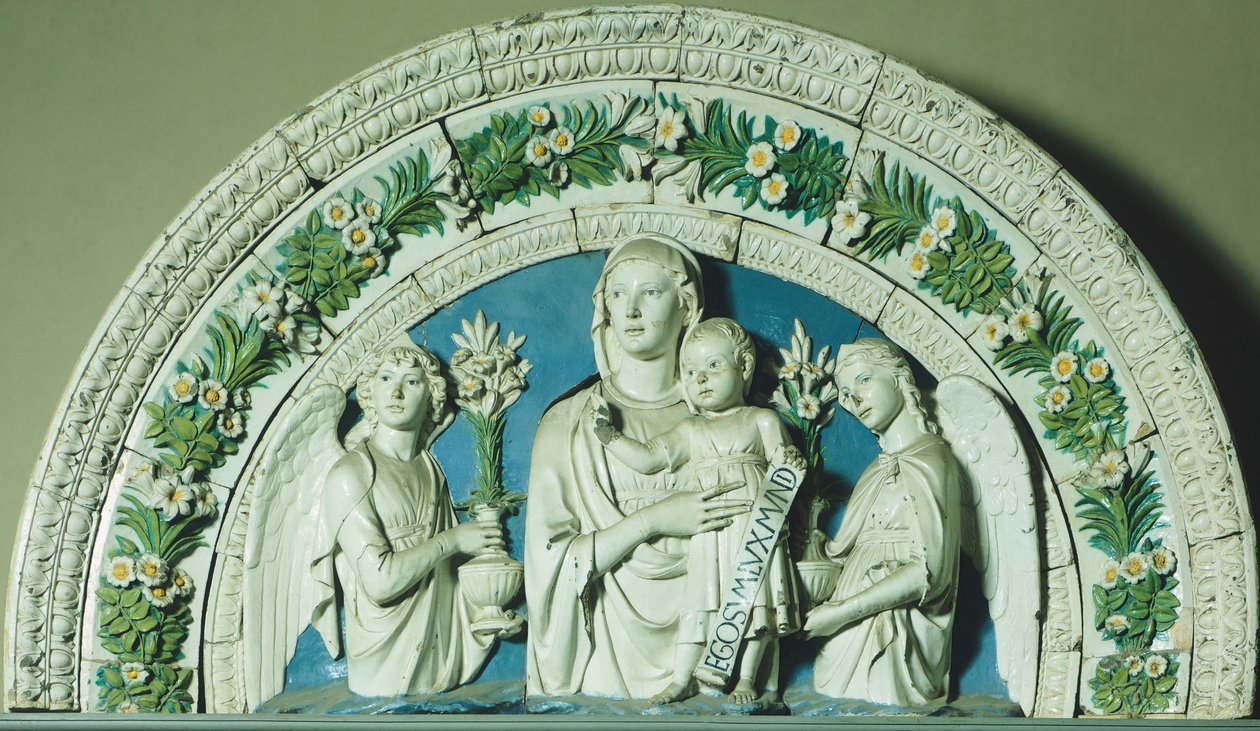 Madonna ja lapsi, kirjoittanut Luca della Robbia (noin 1400-1482), lasitettu keramiikkakehys tekijältä Luca Della Robbia